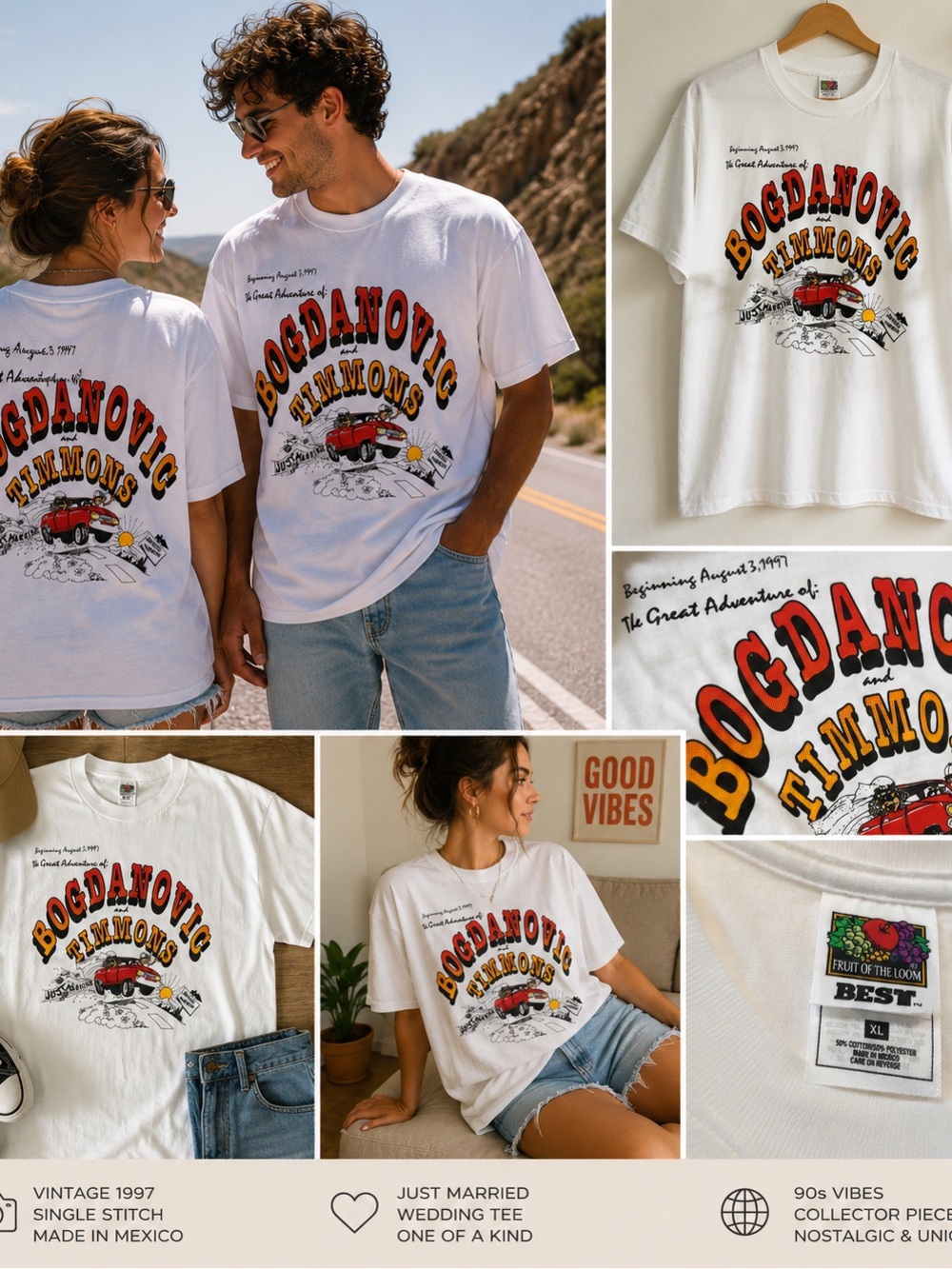 Vintage 1997 Single Stitch Just Married T Shirt XL Fruit of the Loom Wedding Tee